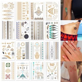 Tatouage Ephemere Femme 16 feuilles - Femme Tattoo Temporaire doré Autocollants Métalliques Étanche pour enfants adultes homm