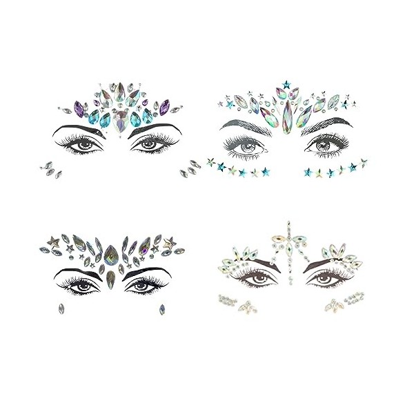 TSUWNO Strass Visage, 4Pcs Strass Autocollant Visage, Strass Maquillage Tatouage Temporaire, Strass Visage Festival Pour Carn