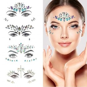 TSUWNO Strass Visage, 4Pcs Strass Autocollant Visage, Strass Maquillage Tatouage Temporaire, Strass Visage Festival Pour Carn