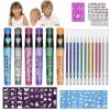 Mkitnvy Kit Tatouage Enfant, 6 pcs Stylos Gel à Paillettes Tatouage Kit avec 9 Pochoirs et 2 Temporaire Strass,12 recharges, 