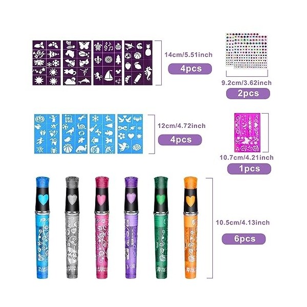 Mkitnvy Kit Tatouage Enfant, 6 pcs Stylos Gel à Paillettes Tatouage Kit avec 9 Pochoirs et 2 Temporaire Strass,12 recharges, 