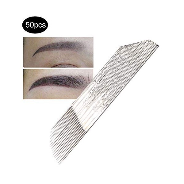 50 pcs Aiguilles de Microblading de Tatouage, Lames de Microblading Daiguille de Tatouage de Sourcil de Maquillage Jetable S