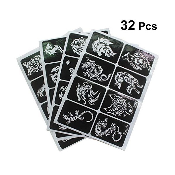 Générique 32Pcs Pochoirs de Tatouage Temporaire Modèle Dautocollant de Tatouage Évider Les Autocollants de Tatouage Auto- Adh