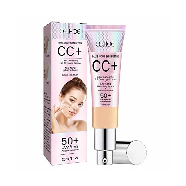 30ml Crème solaire pour le visage, CC Crème SPF50, CC crème Fluide fond de teint couvrant imperfections SPF 50+, éclaircit et