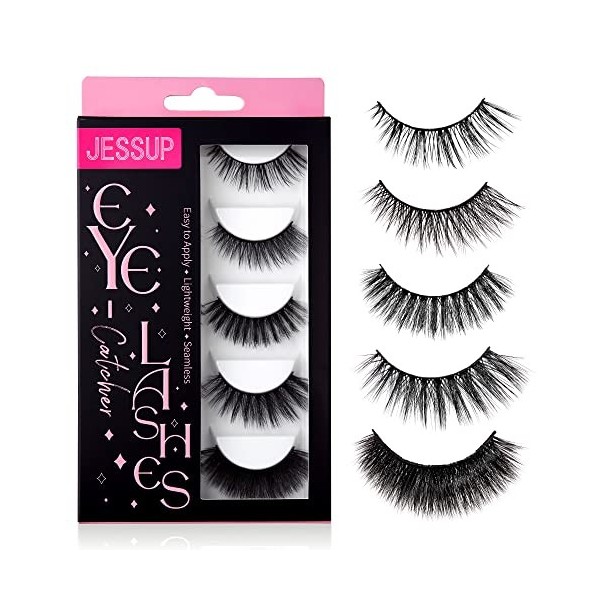 Jessup Faux Cils Volume Faux Cils,5 paires 3D Curl faux cils en faux vison,vaporeux, épais, moelleux, réutilisable à la main 