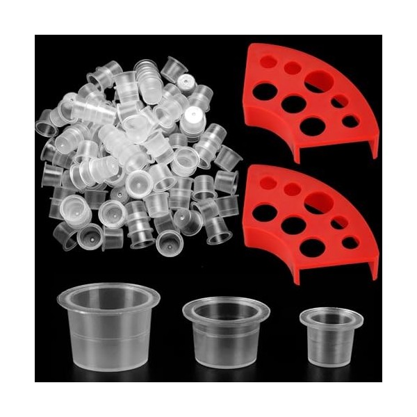 300 Pièces Tattoo Encre Cup pour Tatouage avec 2 Supports de Gobelets, 100 Petites, 100 Moyennes, 100 Grandes Capsules dEncr