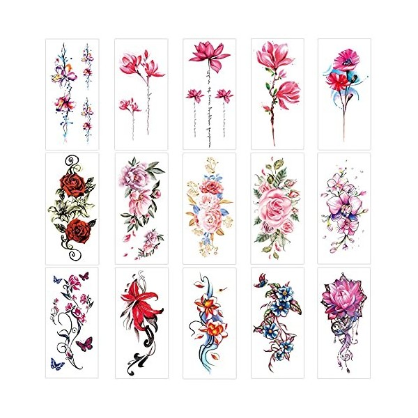 Tatouages Temporaires Fleurs 16 Feuilles Tatouage Ephemere Tatouage Temporaire Adulte pour Femmes, Filles, Bras, Jambes, Dos,