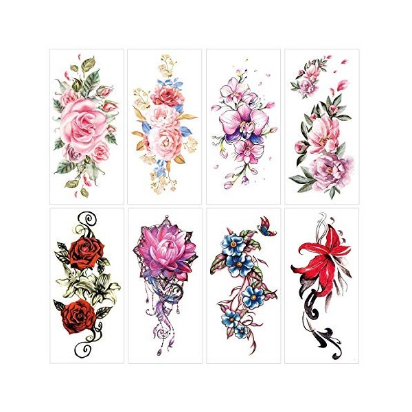 Tatouages Temporaires Fleurs 16 Feuilles Tatouage Ephemere Tatouage Temporaire Adulte pour Femmes, Filles, Bras, Jambes, Dos,