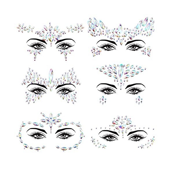 Clundoo 6PCS Autocollant de visage, Strass Maquillage Tatouage Temporaire, Tatouage Temporaire Strass Visage, Bijoux de Visag