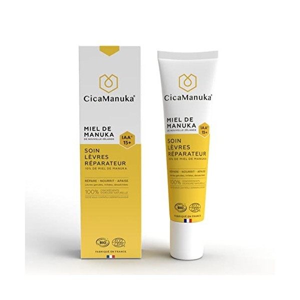 CICAMANUKA - Soin lèvres réparateur au miel de Manuka IAA15+ - Favorise la réparation des lèvres - Certifié Bio - 15ml