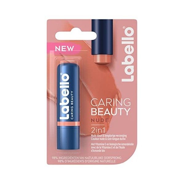 Labello Caring Beauty Nude 1 x 5,5 ml , Stick à lèvres au beurre de karité et huile d’amande, Baume à lèvres à la couleur ne