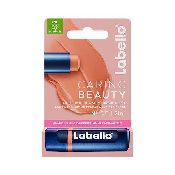 Labello Caring Beauty Nude 1 x 5,5 ml , Stick à lèvres au beurre de karité et huile d’amande, Baume à lèvres à la couleur ne ...