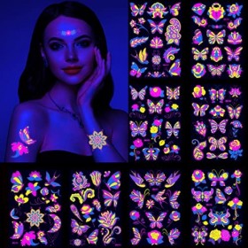 8 feuilles néon tatouages temporaires au néon Maquillage à la lumière noire, autocollants de tatouage UV pour le visage du co