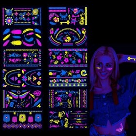 IOSPKKIO® Lot de 12 tatouages fluorescents imperméables pour le corps et la lumière noire pour créer une atmosphère de fête p