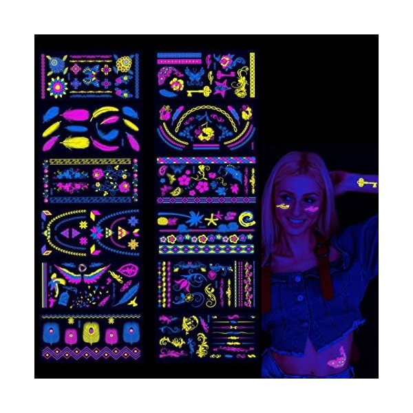 IOSPKKIO® Lot de 12 tatouages fluorescents imperméables pour le corps et la lumière noire pour créer une atmosphère de fête p