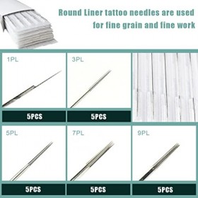 Ensemble daiguilles de tatouage - 25 aiguilles de tatouage mixtes 1RL,3RL,5RL,7RL,9RL Aiguilles pistolet tatouage stériles j