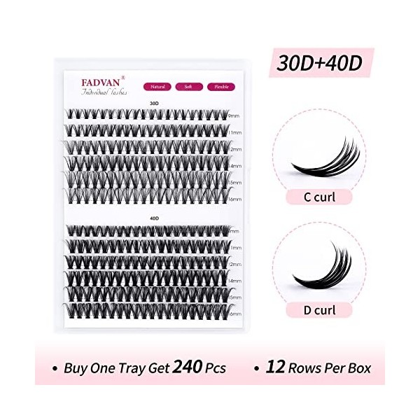 FADVAN Individuel Extension de Cils Cluster Faux Cils Professionnel 30P+40P 0.07D Curl 9-16mm Mixed Naturel en Soie Cils Volu