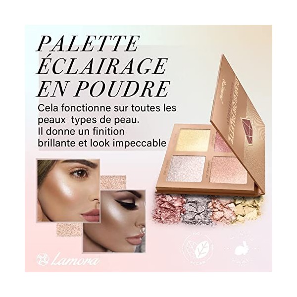 Palette Highlighter Maquillage Illuminateur Poudre Bronzer Kit - Avec Miroir Pour Peau Claire à Moyennement Foncée - 4 Couleu