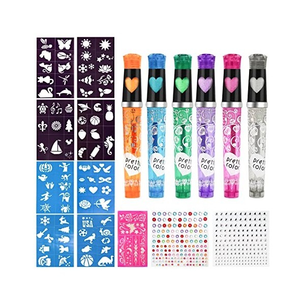 Gigmeta Lot de 6 stylos de tatouage à paillettes pour enfants, tatouage à paillettes pour la peau, stylo de tatouage avec 8 p