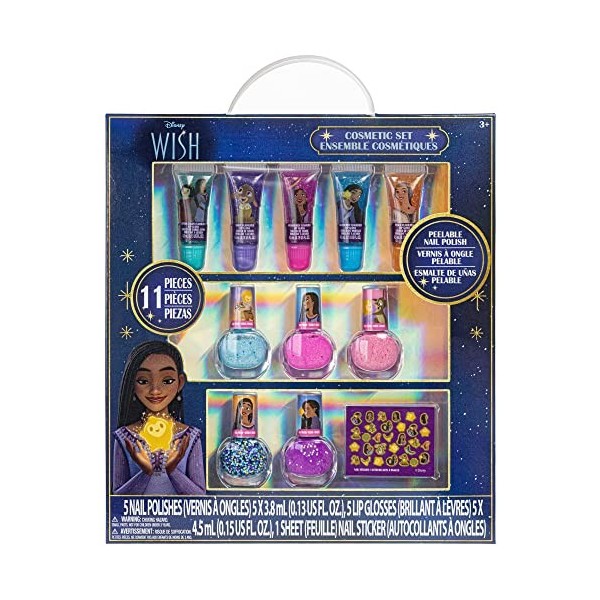 Townley Girl Disney Wish Kit de maquillage cosmétique scintillant pour filles avec brillant à lèvres autocollants pour vernis