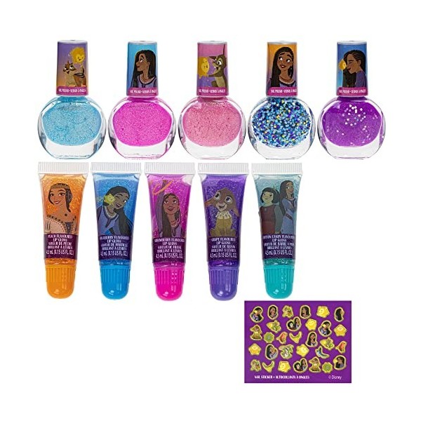 Townley Girl Disney Wish Kit de maquillage cosmétique scintillant pour filles avec brillant à lèvres autocollants pour vernis