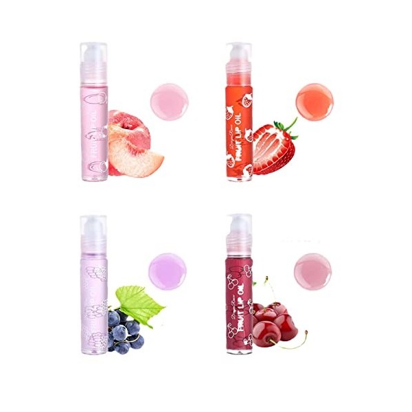 4PCS Lip Glow Oil Huile à lèvres pour filles Saveurs fruitées Rolling Ball Lip Oil Set Baume à lèvres hydratant Transparent L
