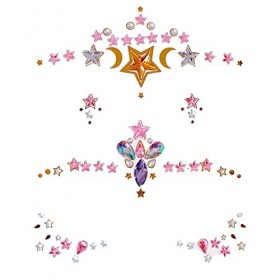 Nirbffo Lot de 2 autocollants en forme détoile, de lune, de visage, de décoration de visage, rose, doré, faux tatouage, stra
