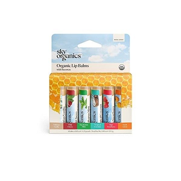 USDA Baume à lèvres Bio par Sky OrganicsPack de 6 baumes Plusieurs parfums Avec cire dabeille, huile de coco, vitamine E Pou