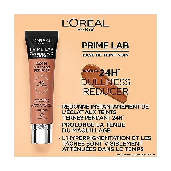 LOréal Paris - Base de Teint Soin Effet Bonne Mine - Fixation du Maquillage 24H - Formule 4% Niacinamide - Peaux Mates à Fon
