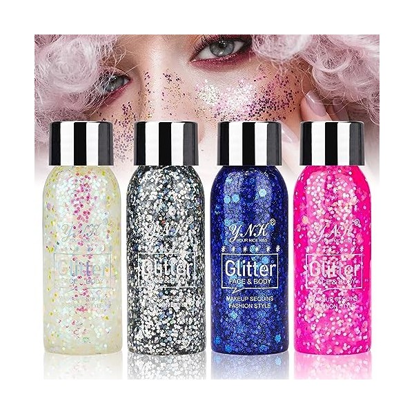 Fyihoxi 4 Bottle Paillettes Visage, Paillettes de Corps Maquillage Paillettes Set pour Festival, Glitter Body Gel, Paillettes