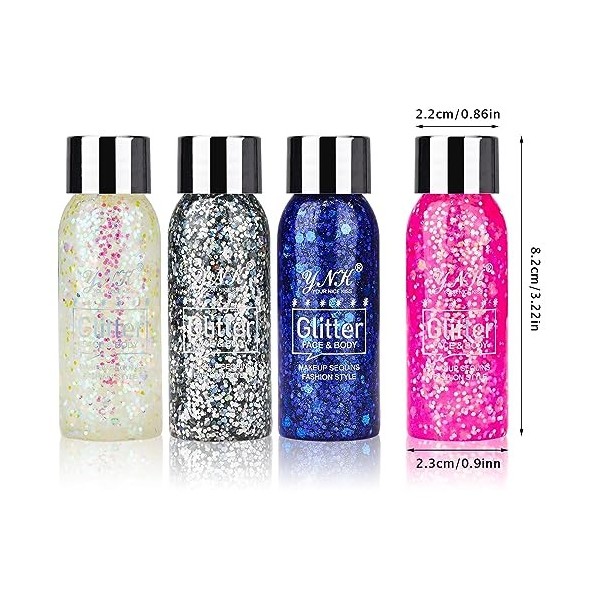 Fyihoxi 4 Bottle Paillettes Visage, Paillettes de Corps Maquillage Paillettes Set pour Festival, Glitter Body Gel, Paillettes