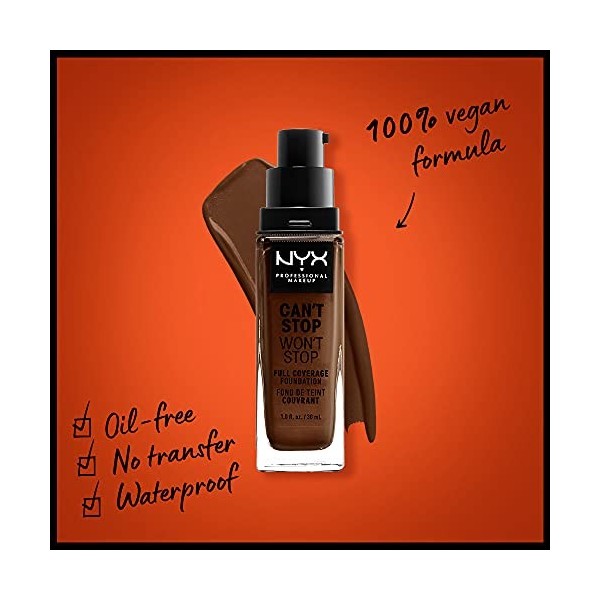 NYX Professional Makeup Fond de Teint Liquide Couvrant Tenue 24h Cant Stop Wont Stop, Waterproof, Fini Mat, Teinte : Deep w