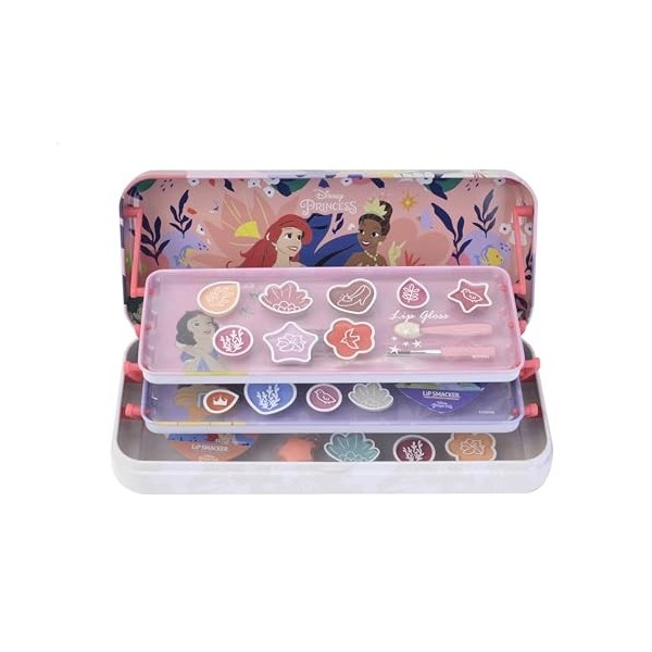 Lip Smacker Disney Princess Triple Layer Picnic Beauty Tin, Ensemble 3 Niveaux avec16 Brillants à Lèvres, 8 Crèmes Scintillan