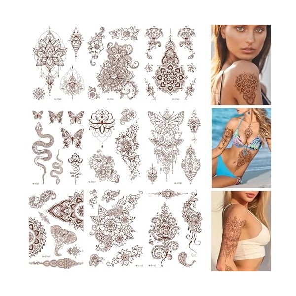 9 Feuilles Tatouage Ephemere Autocollants De Tatouage De Dentelle, Tatouage DArt De Fleur De Mandala Sticker, Faux Tatouages