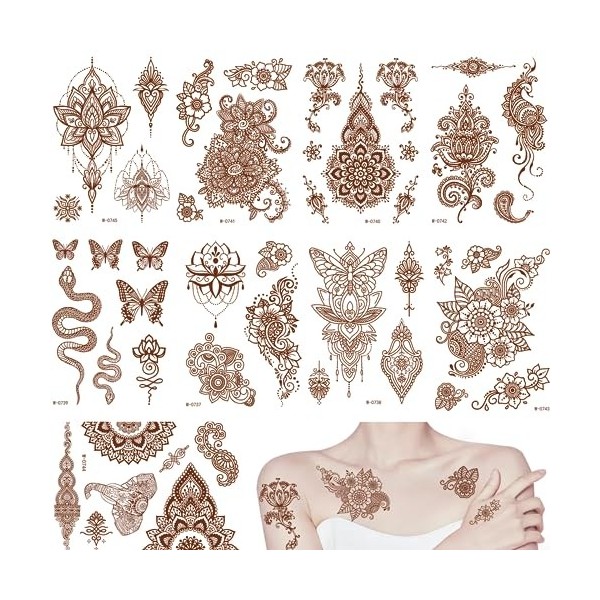 9 Feuilles Tatouage Ephemere Autocollants De Tatouage De Dentelle, Tatouage DArt De Fleur De Mandala Sticker, Faux Tatouages