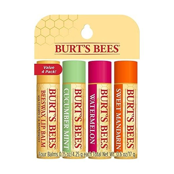 Burts Bees Baume à lèvres Multipack, ensemble de baumes à lèvres avec cire dabeille, concombre menthe, pastèque, mandarine 