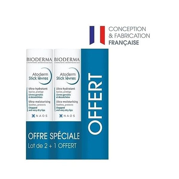 Bioderma - ATODERM Stick Lèvres - Sans allergène / Sans parabène - Lot 3 - 3 g