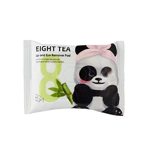 BOM Eight Tea Lip n Eye Remover Pads Lingettes démaquillantes imperméables, yeux et lèvres au thé vert, 30 unités