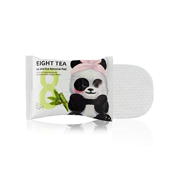 BOM Eight Tea Lip n Eye Remover Pads Lingettes démaquillantes imperméables, yeux et lèvres au thé vert, 30 unités