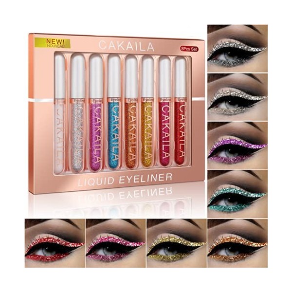 Ensemble liquide deye-liner de diamant de paillettes de 8 couleurs, kit de maquillage de stylo liquide deye-liner métalliqu