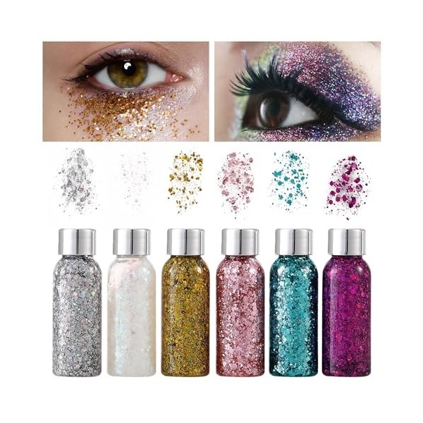 6 Bottle Paillettes Visage,6 couleurs différentes Paillettes Corps,Paillette Maquillage,Convient pour la fête danniversaire,