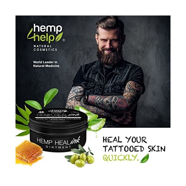 Crème révolutionnaire de tatouage Heal-Ink au chanvre. Régénère, soigne la peau et entretient le tatouage.De chanvre, de prop