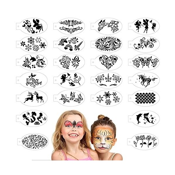 24 Pièces Pochoir Maquillage Enfant, Modèle de Tatouage pour Anniversaires Halloween Noël, Kit de Tatouage Enfant de Peinture