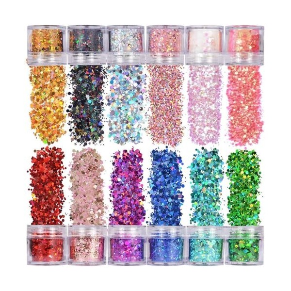 TSUWNO Set de 12 Couleurs de Paillettes pour Maquillage de Corps - Parfait pour Festivals, Fêtes et Ornements de Visage, Corp