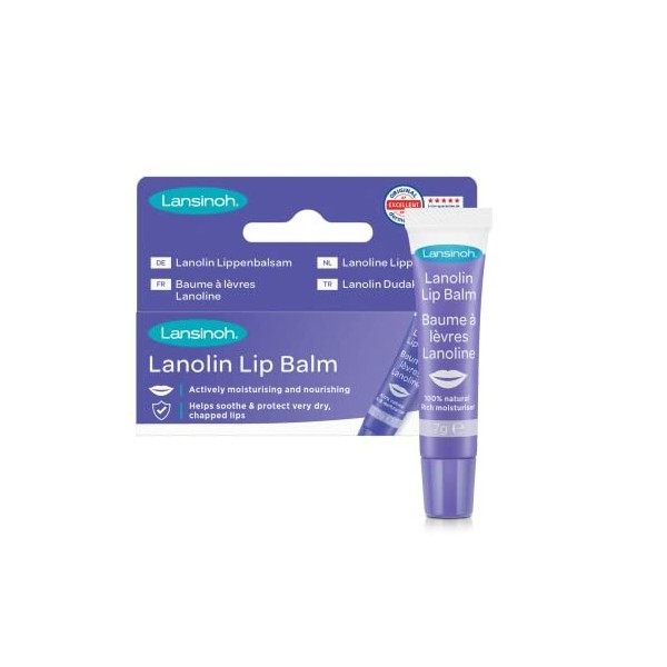 Lansinoh Lanolin Lip Balm - Soothes and Protects Dry & Cracked Lips - Actively Moisturises 7g, Clear