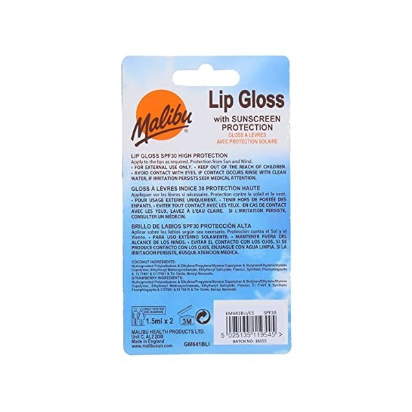 Gloss à lèvres Malibu SPF 30 à saveur de noix de coco et de fraise, 2 pièces