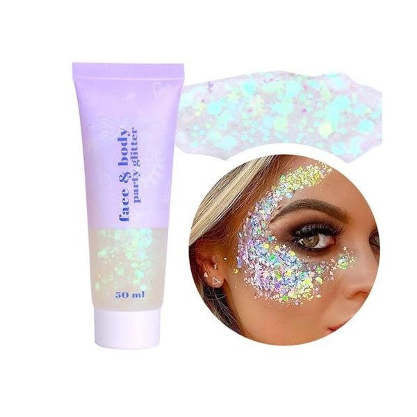 Prreal Body Glitter Gel 50ml, Paillettes de visage, Body Gel paillettes Shimmer liquide fard à paupières, Paillettes Chunky H