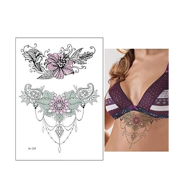 Lot de 6 feuilles de tatouages pour poitrine - Motif floral - Zoe 6