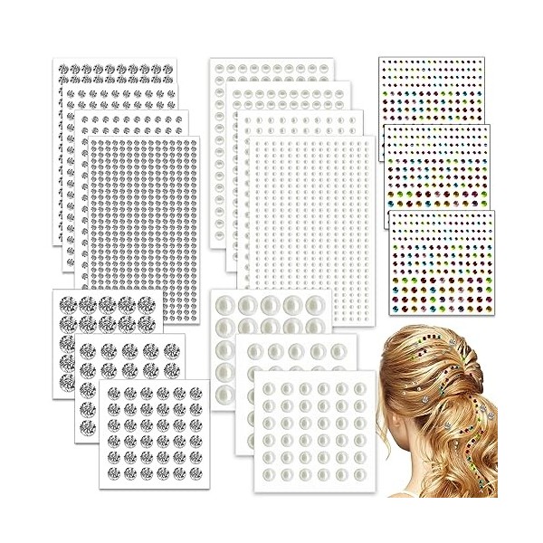 2548pcs bijoux de cheveux strass, bijoux de cheveux auto-adhésifs perles de visage breloques de cheveux gemmes, perles de che