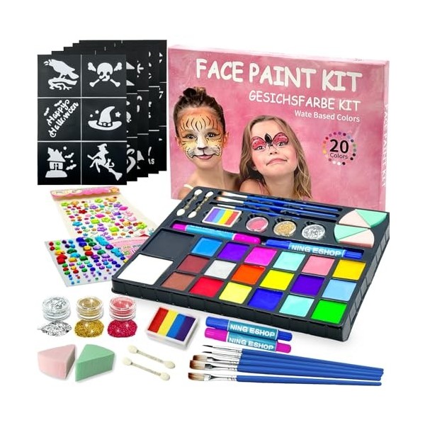 NINGESHOP Peinture Corporelle pour Le Visage, Palette de Maquillage pour Enfants,20 Couleurs Peinture Visage Enfant avec 30 P